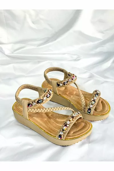  Beige Damen Knöchel Streifen Stein Casual Orthopädie Dicke Sohle Importierte Sandalen - BEIGE - 