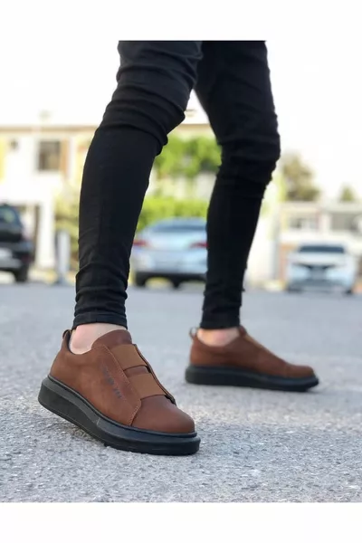 Кафяво черно мъжки обувки с висока подметка с двойна лента 