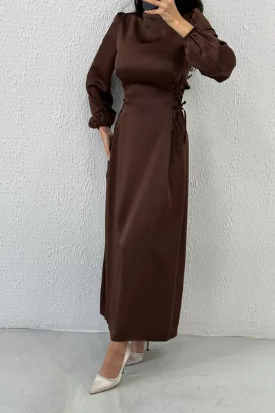 Slim Waist Design Taillenkrawatte Braune Hijab-Abendkleider