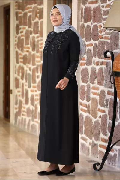 Zwarte avondjurk met kralen voor dames T 