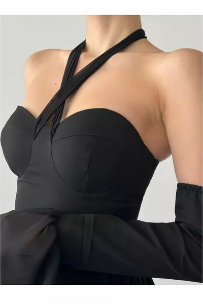 Guanti da donna foderati in tessuto chiffon Neck Tie Detail Gloves Mini abito da sera nero con accessori 