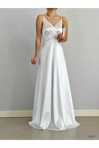 Women's White Maxi Strap Double-breasted Collar Satin Evening Dress Graduation Invitation Engagement Wedding Dress Evening Dress