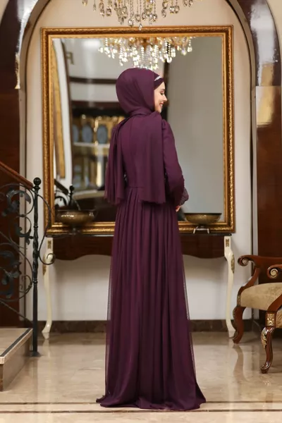 Hijab-Abendkleider aus Tüll mit Gürtel