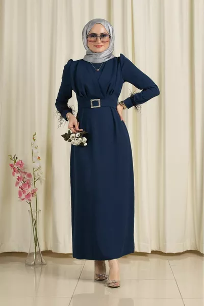 Venus Arm Feather Gedetailleerde Avondjurk-Marineblauw