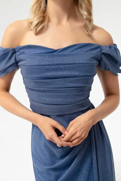 Indigoblaues Abendkleid mit U-Boot-Ausschnitt und Drapiertem Schlitz und langem Glitzer-Abendkleid für Damen