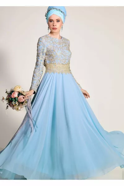 Дамска синя (СИНЬО-ЗЛАТНА) вечерна рокля от гипюр 