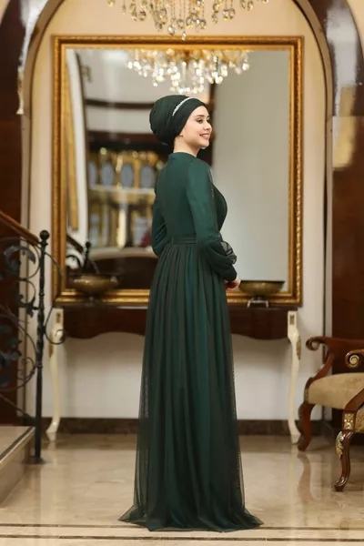 Hijab-Abendkleider aus Tüll mit Gürtel