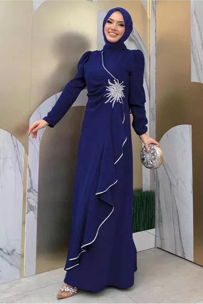 ABITO DA SERA DONNA CON VOLANT IN PIETRA BLU NAVY T 