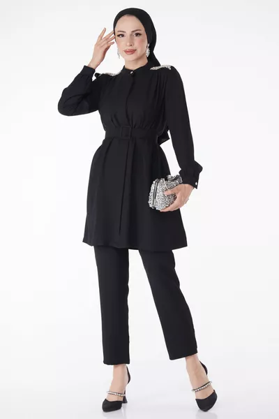 Прав съдия яка жените черен камък туника + панталони - 