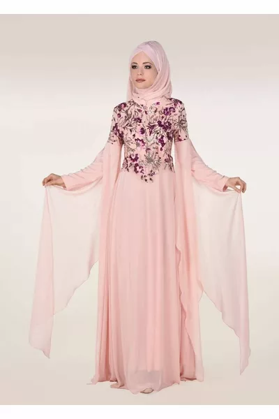 المرأة مسحوق (السلمون) الخفافيش الأكمام مطرزة مساء اللباس 