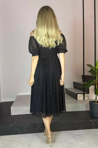  Heart Collar Draped Glitter Evening Dress Black