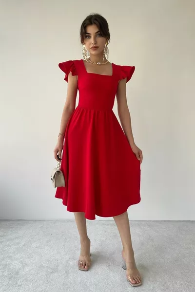 أطلس نسيج الأكمام مفصلة مربع الرقبة ميدي طول مساء اللباس الأحمر الخطوبة اللباس 