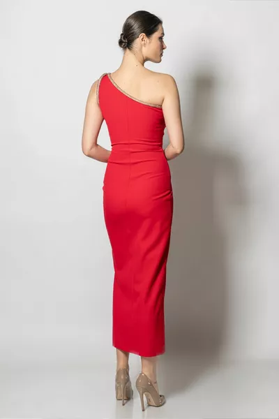 One Shoulder Crepe Dress with Pleated Neckline Accessory at the Waist