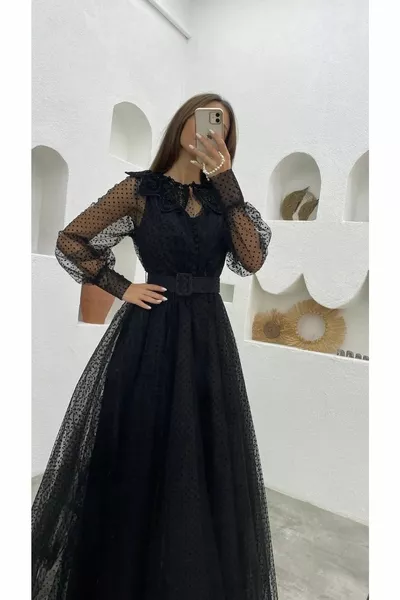 Zwarte riem Detail Tule bruiloft, verloving, avondjurk