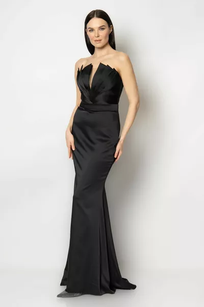 Strapless satin evening dress with oyster neckline