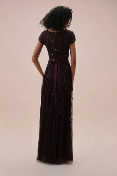 بورجوندي الوهم طوق كم قصير الترتر فستان مساء طويل