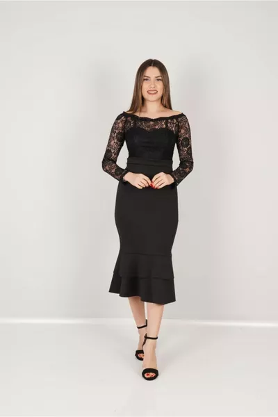 أعلى Guipure أسفل تنورة سكوبا فستان منتفخ - أسود