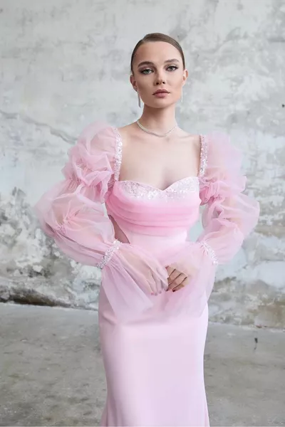 Manches ballon Taille détaillée Décolleté Poitrine Pierre Brodé Long Poisson Modèle Robe de soirée