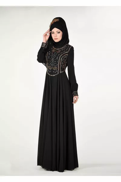 نسائي أسود مطرز مفصلة مساء اللباس 