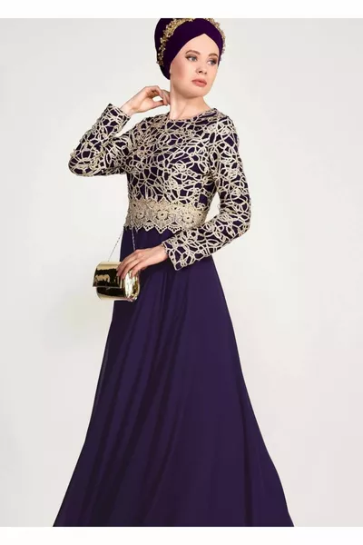 نسائي بنفسجي (أرجواني-ذهبي) Guipure فستان سهرة 