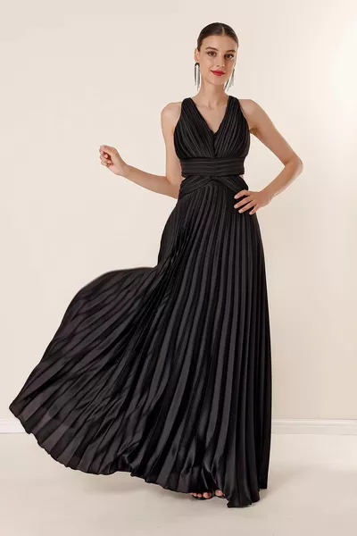 Lined pleated long satin dress black with waist and back décolleté