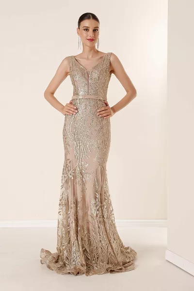 V-Neck Lined Glitter Flock Print Long Dress