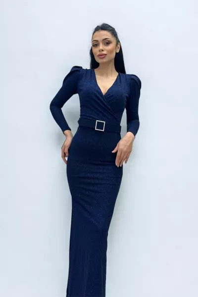 فستان مزدوج الصدر بياقة بحزام مفصل - أزرق كحلي