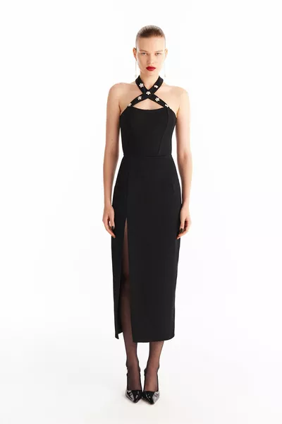 Stone Floral Midi Crêpe Kleid mit Details