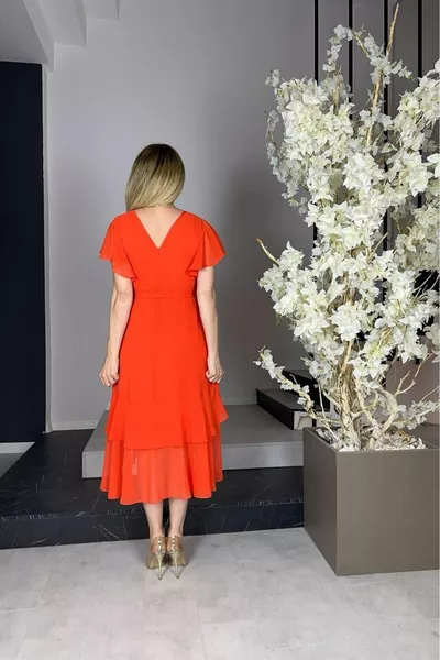  Fırfır Detaylı Kruvaze Şifon Elbise Turuncu