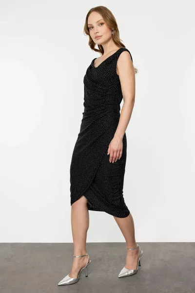 Women's Glitter Polka Dot Drawstring Evening Dress  Black