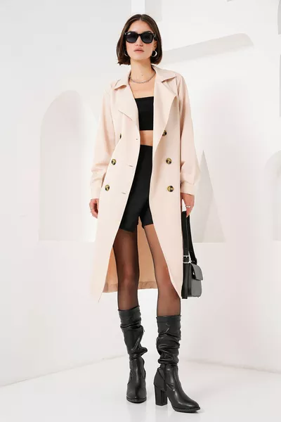  Double-breasted Neck Trench Coat - Beige