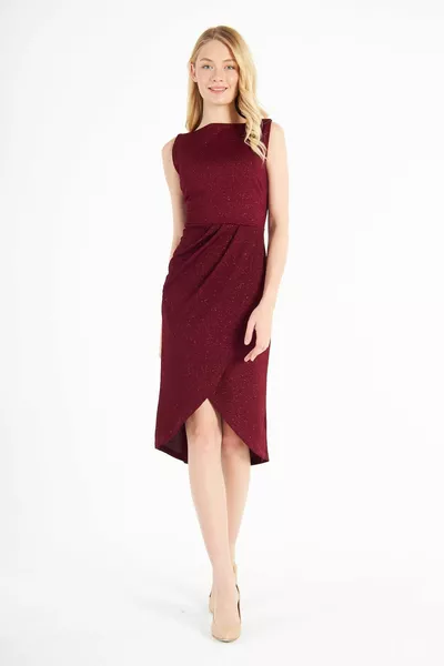 قارب الرقبة مطوي التفاف ميدي طول بريق اللباس