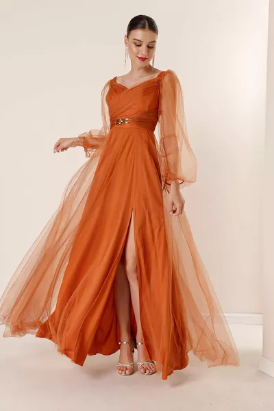 Ön Arka V Yaka Beli Taşlı Drapeli Astarlı Uzun Tül Elbise