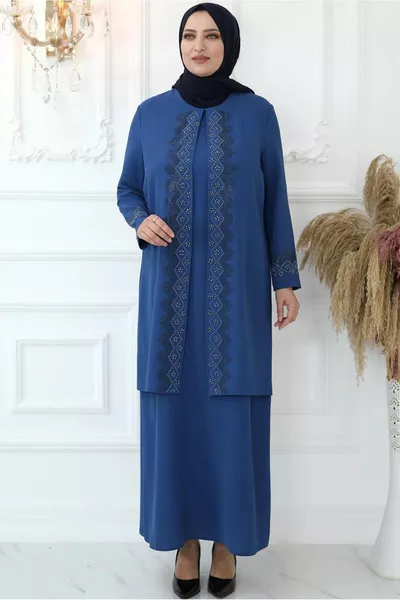 نسائي أزرق كحلي (INDIGO) فستان سهرة مطبوع بالحجر T 