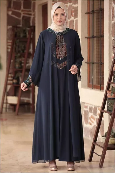 المرأة الأزرق الداكن الترتر الترتر مفصلة مساء اللباس T 