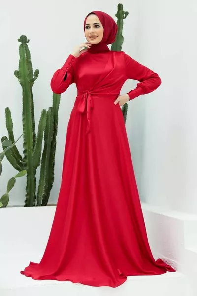 Hijab Evening Dress - Crepe Satin Red Hijab Evening Dress k