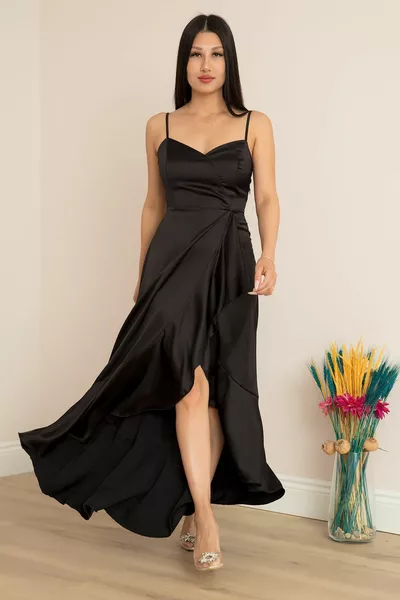 Fırfırlı Askılı Saten Elbise 