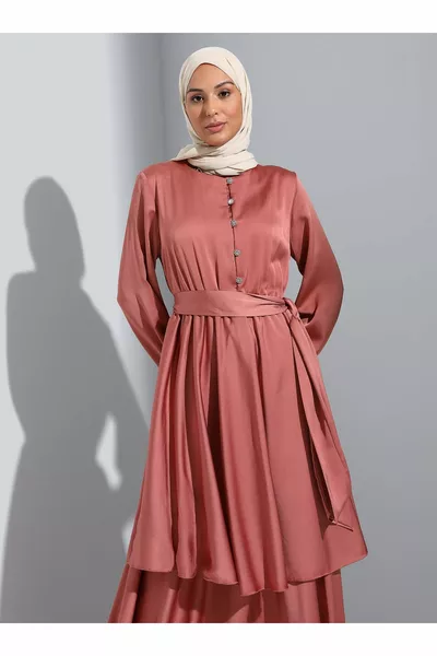Stone Detailed Layered Satin Hijab Evening Dress - Copper - Woman