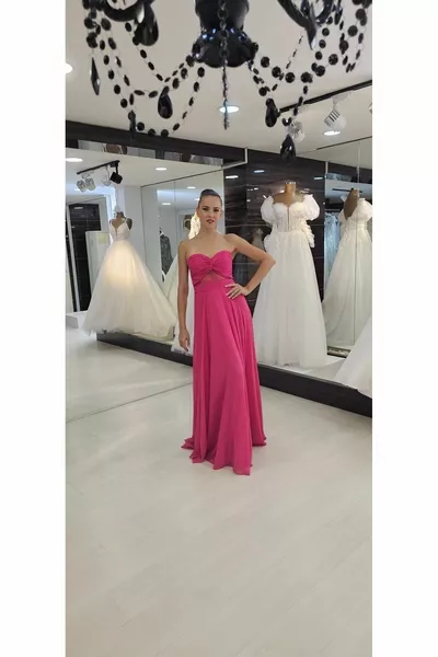 Fuchsia Barbie Pink Strapless Chiffon Long Evening Dress
