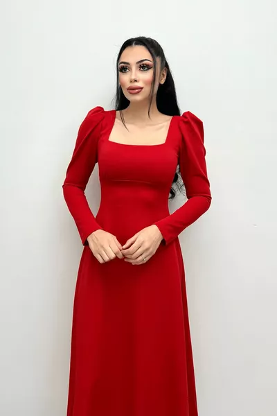 فستان كريب فانسيج بياقة مربعة متوسط الطول - أحمر