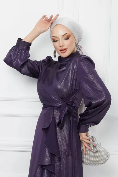 Слива вратовръзка отпред подробни сатен вечерна рокля