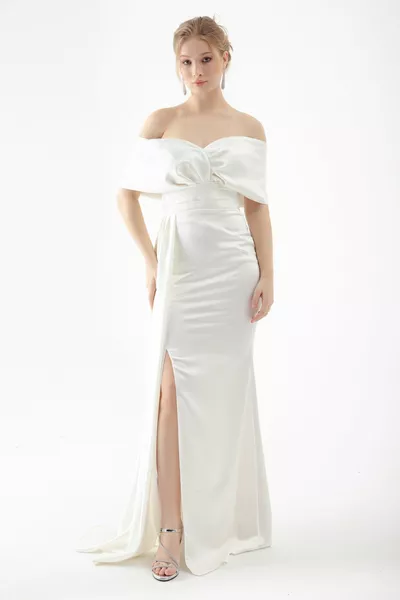 المرأة الأبيض قارب الرقبة شق مساء اللباس الطويل