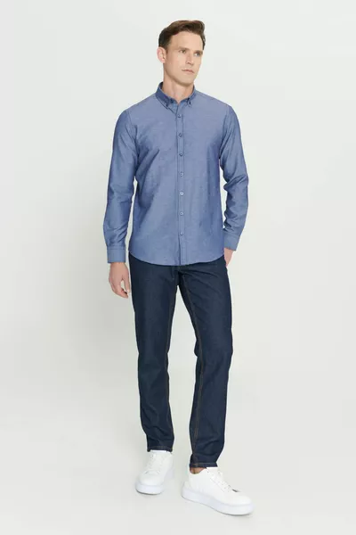 Men's Oxford Navy Blue Button Collar Easy Ironable Cotton Slim Fit Slim Fit Shirt