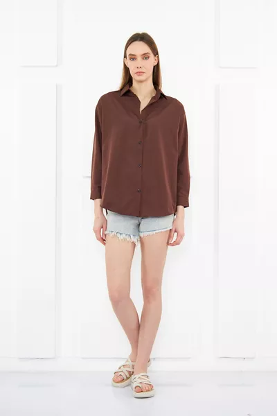 Women's Brown Oversize Long Basic Shirt