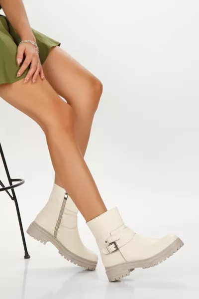 جلد طبيعي المرأة البيج سستة حزام أحذية التفاصيل