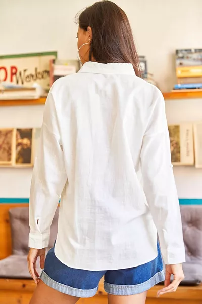 Женская экрю Карманная вышивка Детализированная Шерстяная Льняная Рубашка 