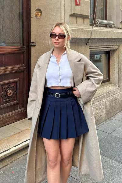 Lacivert Full Pileli Kemerli Astar Şortlu Kadın Mini Etek