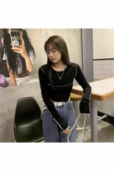 رمادي خياطة مفصلة عادي أسود نصف المرأة طويلة الأكمام المحاصيل