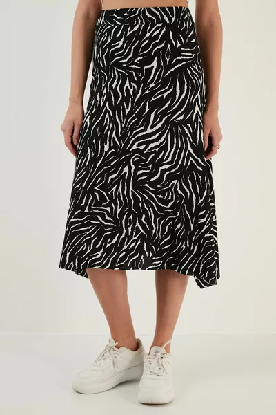 Patterned Flounced Midi Length Slit Skirt Skirt 