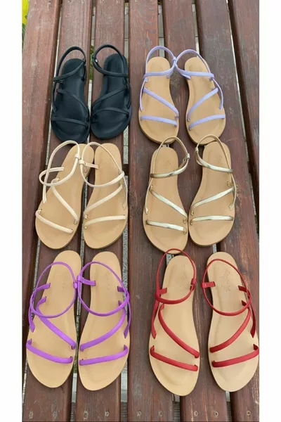 صنادل نسائية مصنوعة يدويا من جلد طبيعي باللون البيج - 